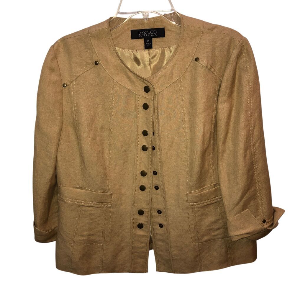 Kasper Womens Size 10 Tan Linen Blend Snap Front Pockets Collarless Jacket Coat